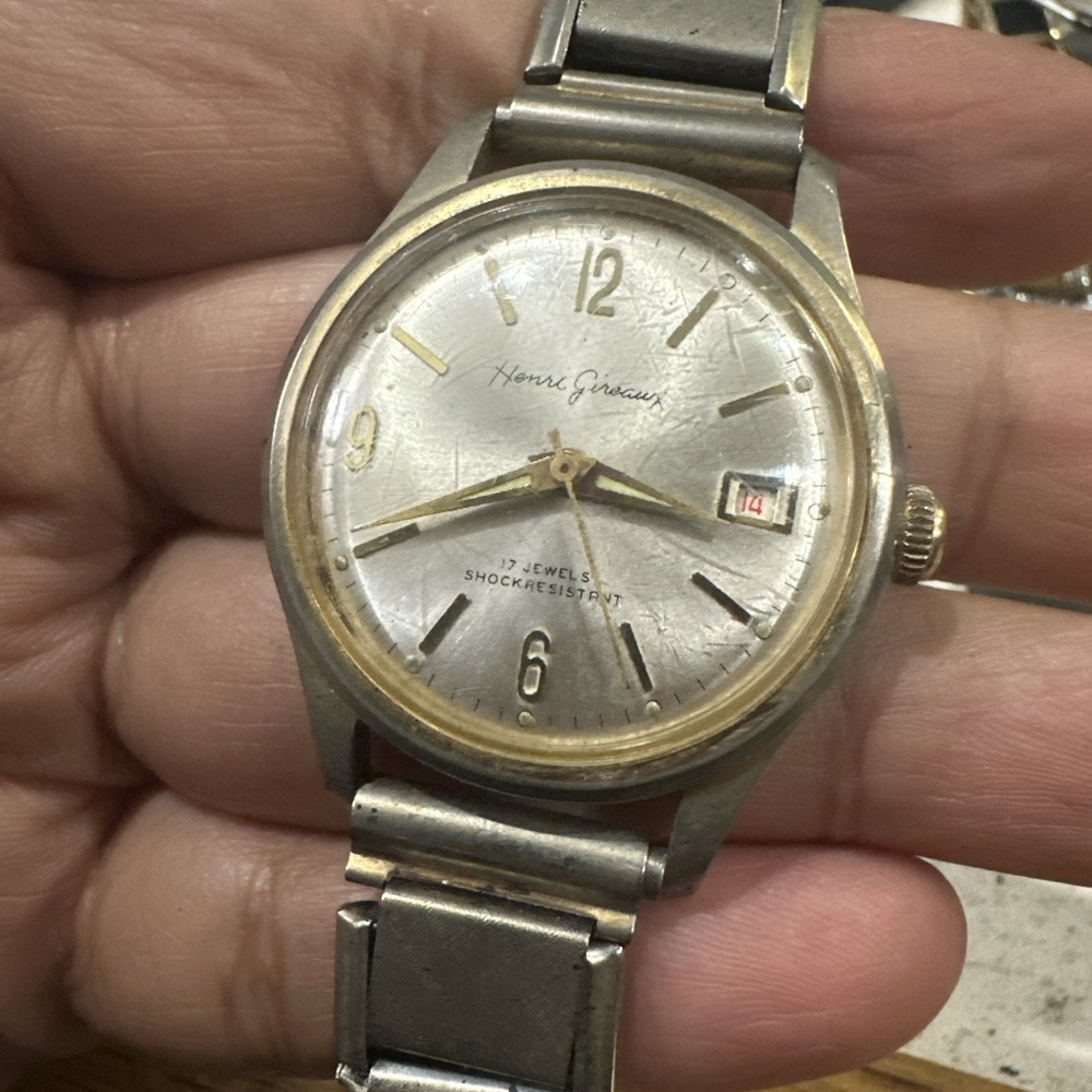Vintage Henri Gireaux Manual Wind 17J Mens Watch Date Shock Resistant Rare